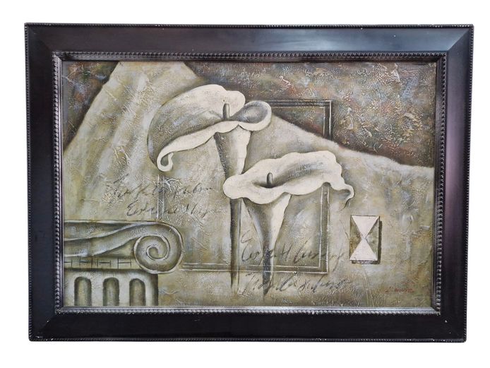 L. Gillez, Large Mixed Media/Oil on Board Still Life with Arum Lilies