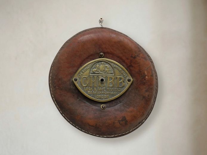 Antique Chubb & Sons Stitched Leather & Brass Wall Plaque
