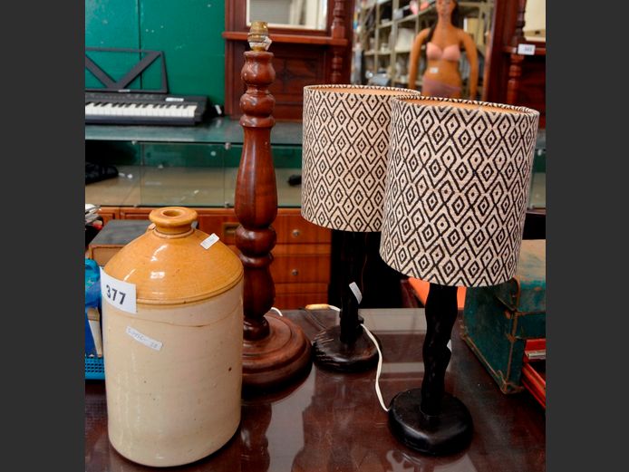 PAIR BLACK BEDSIDE LAMPS WITH SHADES, FLAGON, etc [26,28]