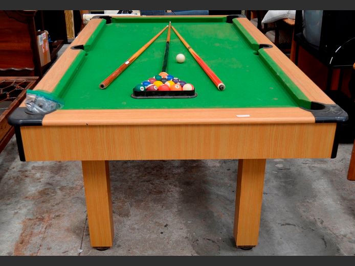 OAK FOIL POOL TABLE WITH 3 CUES & BALLS, 214 x 121 x 81cm