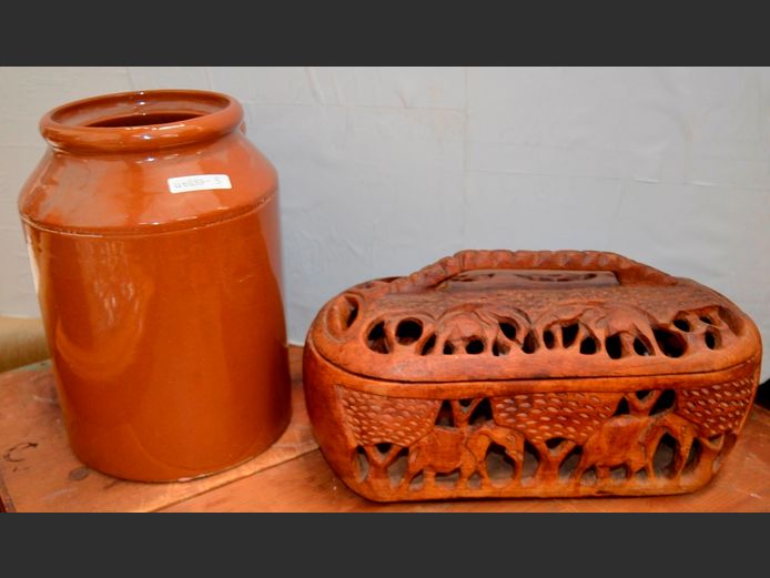 ORNATELY CARVED OVAL LIDDED BOWL & A CERAMIC FLAGON, 28cm High & 35 x 16 x 17cm [No lid]