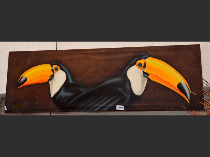 UNFRAMED OIL ON CANVAS "PAIR TOUCANS", 183 x 59cm