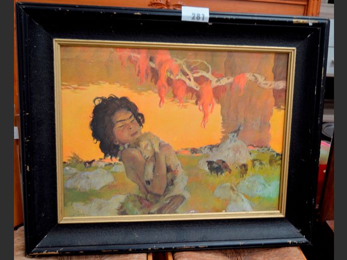 GILT FRAMED PRINT ON BOARD "BOY WITH LAMB", 60 x 45cm