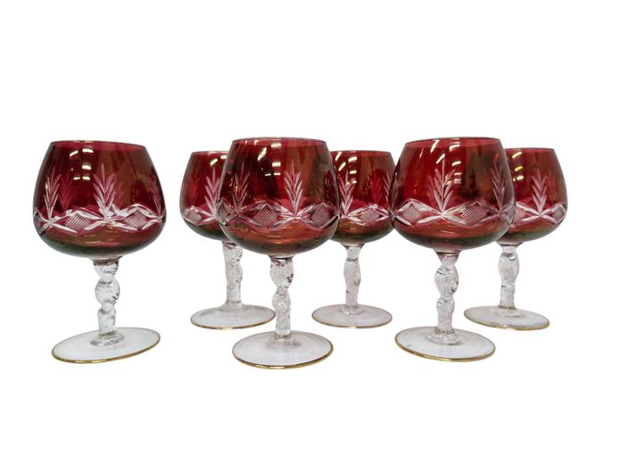 Vintage Bohemian Ruby Cut-to-Clear Brandy Snifters
