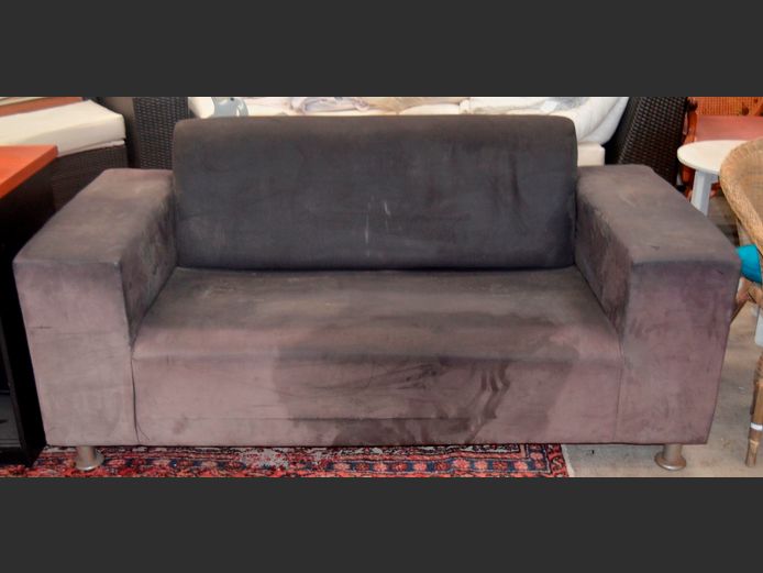 DARK GREY SUEDE UPHOLSTERED 2-SEATER COUCH, 172 x 80cm [Needs a clean, sun bleached]