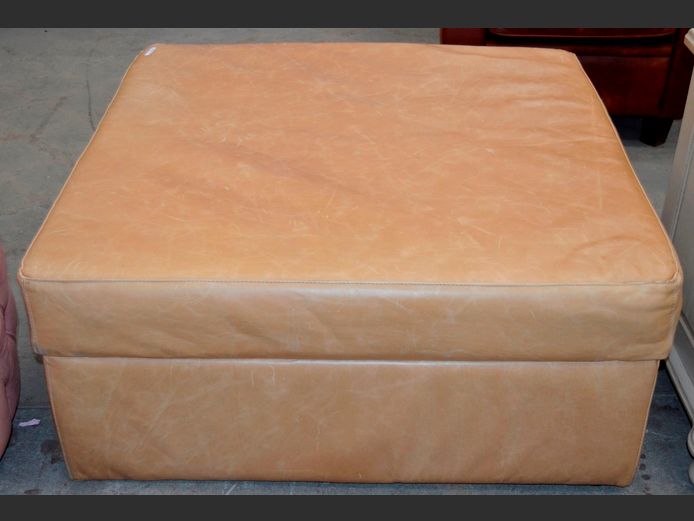 TAN LEATHER OTTOMAN, 100 x 100 x 45cm