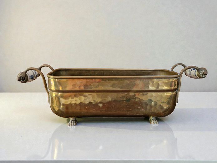 Vintage Dutch Brass Jardiniere with Ceramic Handles