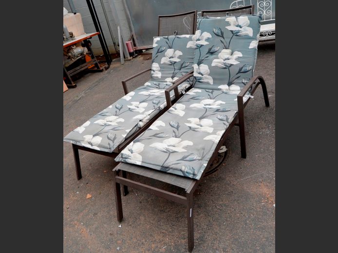 PAIR BROWN ALUMINIUM POOL LOUNGERS WITH CUSHIONS