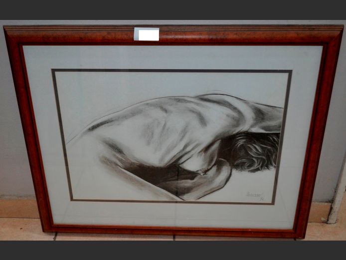 WALNUT FRAMED SKETCH "NUDE STUDY" BY BERTIE, 69 x 48cm