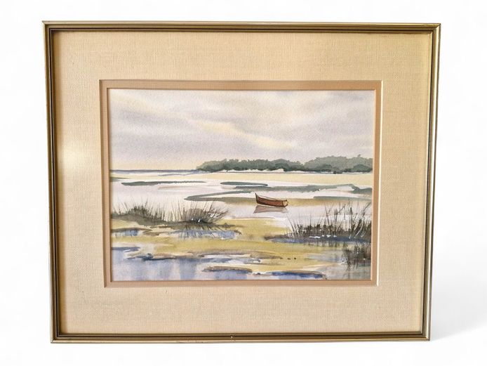 Framed Watercolor Landscape – Boat & Reeds