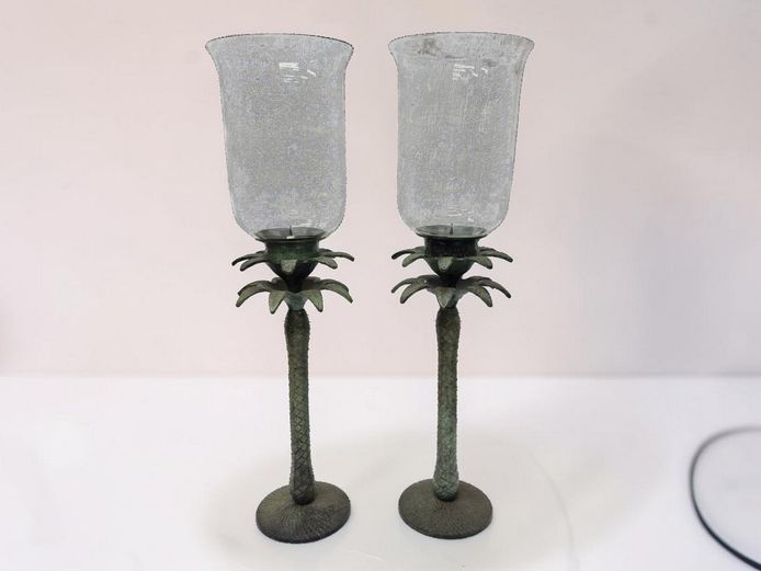 Vintage Palm Tree Candle Hurricanes with Seeded Glass Shades