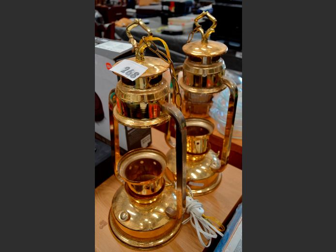 PAIR BRASS COATED LANTERNS, 50cm High [Tarnished, glass shades needed]