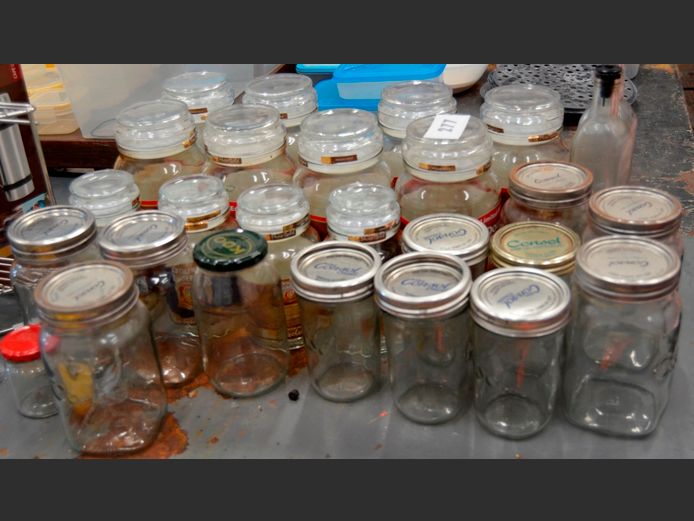 CONSOLE GLASS JARS, GLASS BOTTLES WITH LIDS, etc