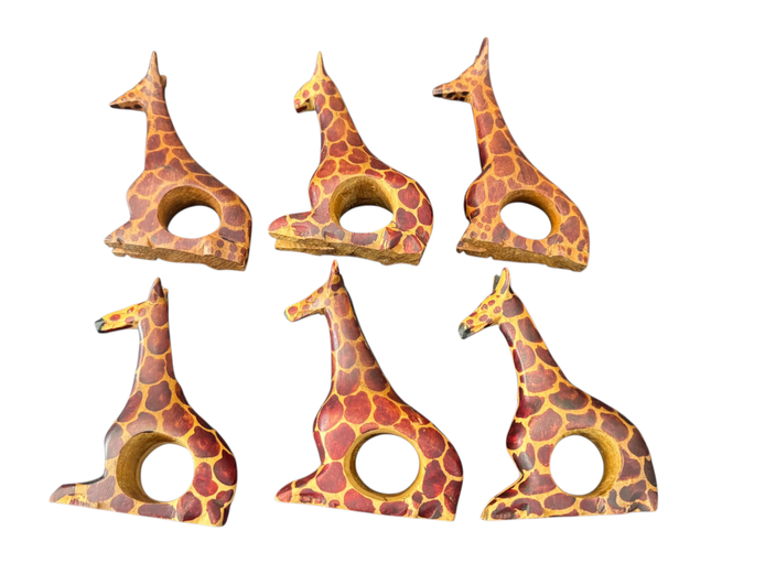 Hand-Carved Wooden Giraffe Napkin Ring Set (6)