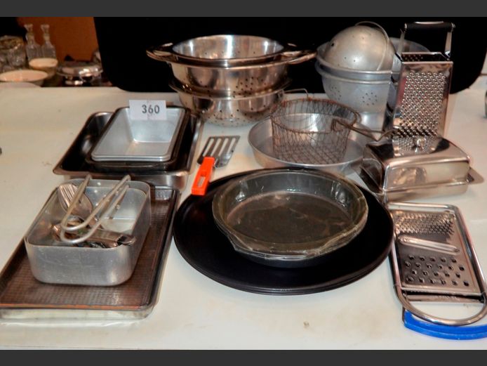 LOAF TINS, BUTTER DISH, COLANDERS, GRATERS, etc