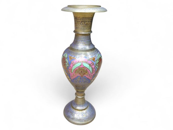 Large Vintage Solid Brass Flower Etched Vase