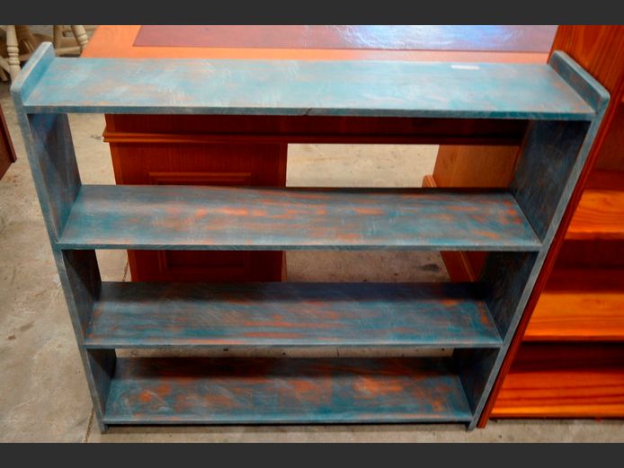 PINE UNDER BLUE PAINT 3-TIER BOOKSHELF, 88 x 18 x 86cm