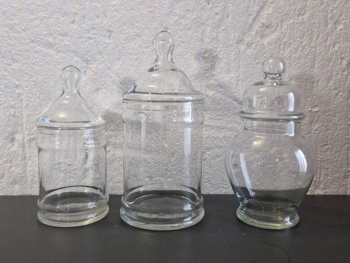 Set of 3 Vintage Clear Glass Candy / Apothecary Jars with Finial Lids