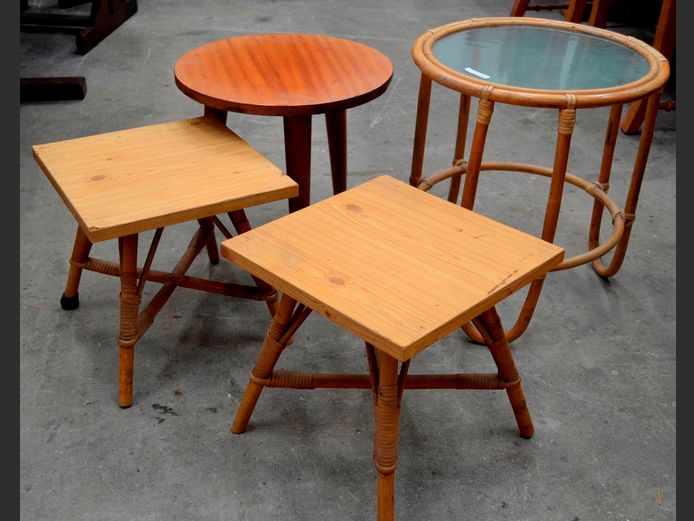 CANE GLASS TOP SIDE TABLE, SAPELE MAHOGANY SIDE TABLE, etc