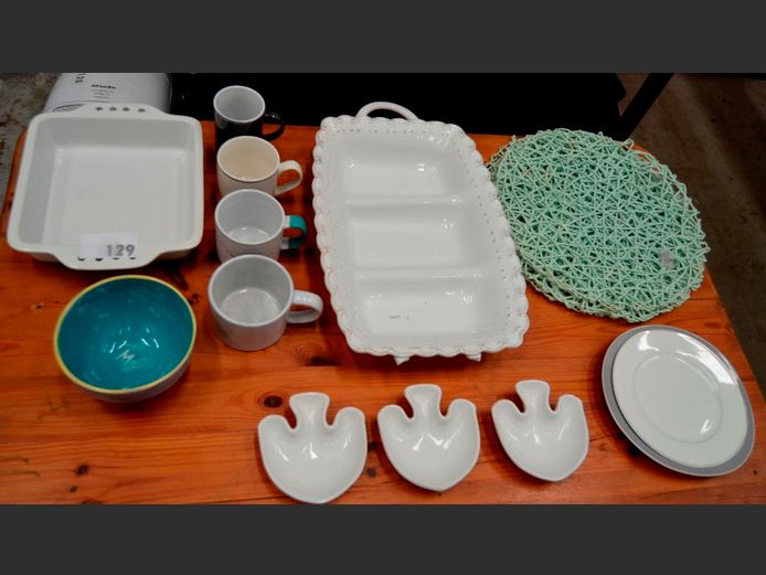 WHITE SNACK PLATTER, OVEN DISH, PLACEMATS, etc