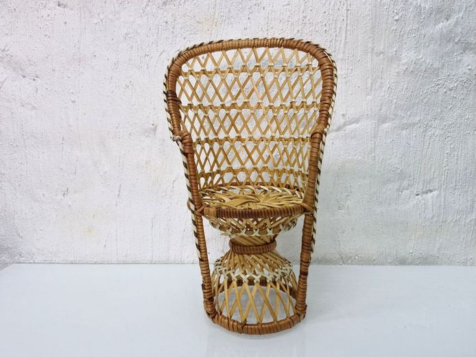 Vintage Boho Miniature Rattan Peacock Chair Display Stand