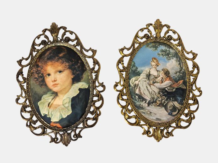 Pair of Vintage Italian Brass Filigree Framed Portrait Prints