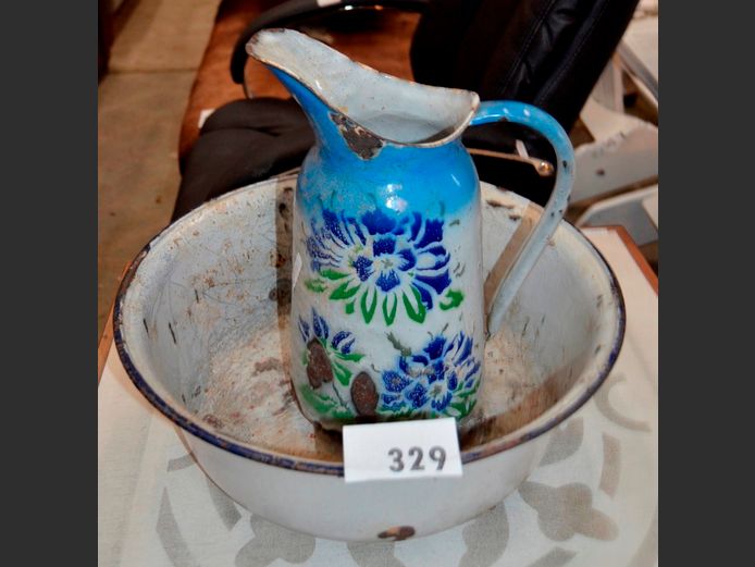 VINTAGE ENAMEL WASH BASIN, 40cm Diameter x 14cm High, & JUG, 34cm High [Rusty]
