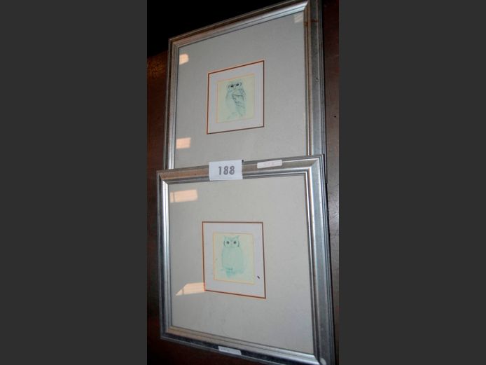 PAIR FRAMED OWL PRINTS, 9 x 8cm