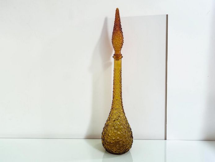 Vintage Amber Empoli Hobnail Glass Genie Bottle Decanter with Flame Stopper