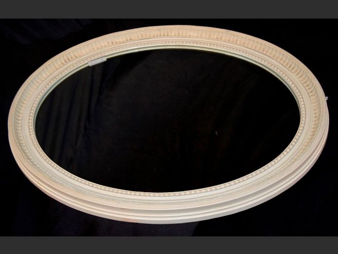 CREAM FRAMED OVAL MIRROR, 71 x 55cm