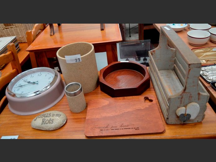 RESIN PLANTER, WALL CLOCK, WOODEN SAUCE CADDY, etc