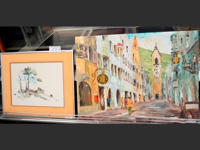 UNFRAMED OIL ON BOARD "STREET SCENE", 61 x 46cm, & ANOTHER, 32.5 x 25cm