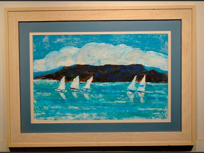FRAMED OIL ON BOARD "YACHTS AT SEA", 68.6 x 43.7cm