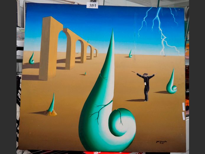 UNFRAMED SURREALIST OIL ON CANVAS, 96 x 86cm
