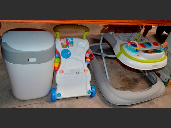 BABY WALKER, TOMMEE TIPPEE NAPPY BIN & A WALKING RING