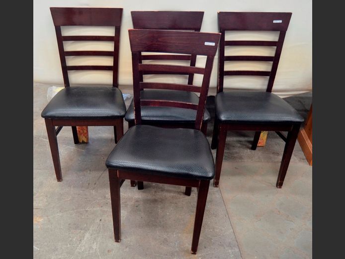 SET OF 4 STAINED OAK DINING CHAIRS WITH BLACK LEATHER TOUCH SEATS [Needs some TLC]