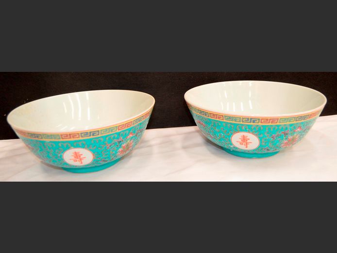 SET OF 2 CHINESE TURQUOISE BOWLS, 23cm Diameter