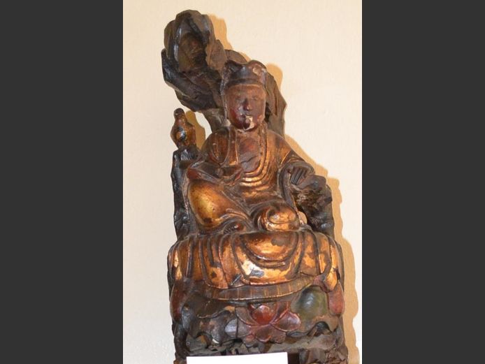 ANTIQUE CARVED & GILDED SEATED FIGURINE, 28cm High [Some losses]