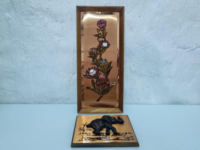 Mid-Century Copper 3D Floral Protea & Elephant Wall Plaques