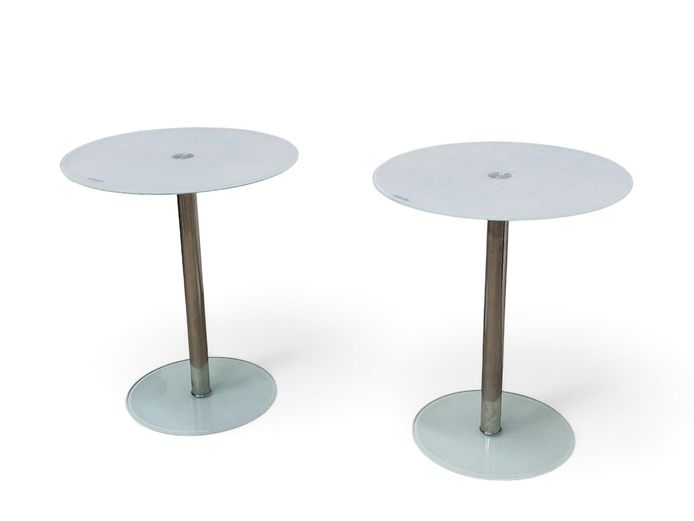 Pair of Modern Frosted Tempered Glass & Steel Pedestal Side Tables