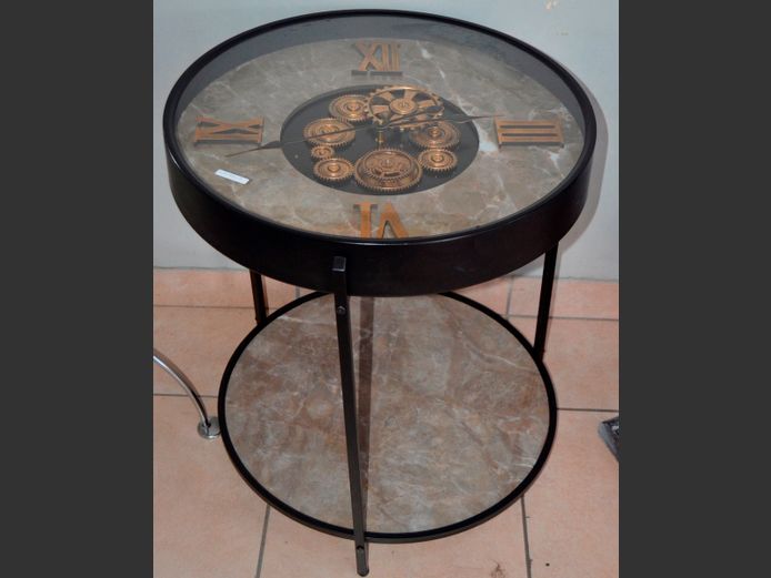 "STEAM PUNK" METAL SIDE TABLE WITH CLOCK INSERT, 60cm Diameter x 68cm High
