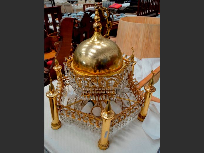 BRASS PLATED & CRYSTAL CHANDELIER, 59cm Diameter x 60cm High [Rusted]