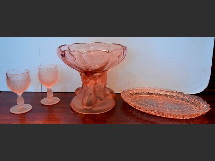 ART NOUVEAU PINK DEPRESSION ART GLASS: FIGURAL ROSE BOWL, PAIR WINE GLASSES & SNACK PLATTER