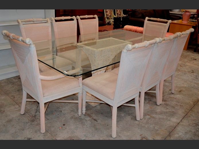GLASS TOP DINING TABLE ON CONCRETE PLINTH WITH 6 MATCHING CHAIRS & PAIR CARVERS, 210 x 120 x 73cm