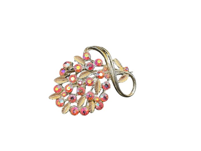 Vintage 1950s "Watermelon" Aurora Borealis Rhinestone Floral Spray Brooch – Shifting Fiery Pinks & Oranges