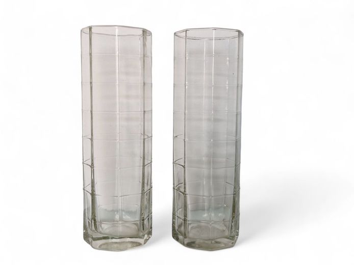 Vintage Pair of Glass Vases with 'Tartan' Geometric Pattern