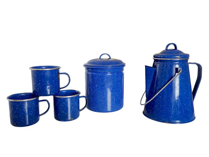 Vintage Cobalt Blue Graniteware Enamel Camping Coffee Set