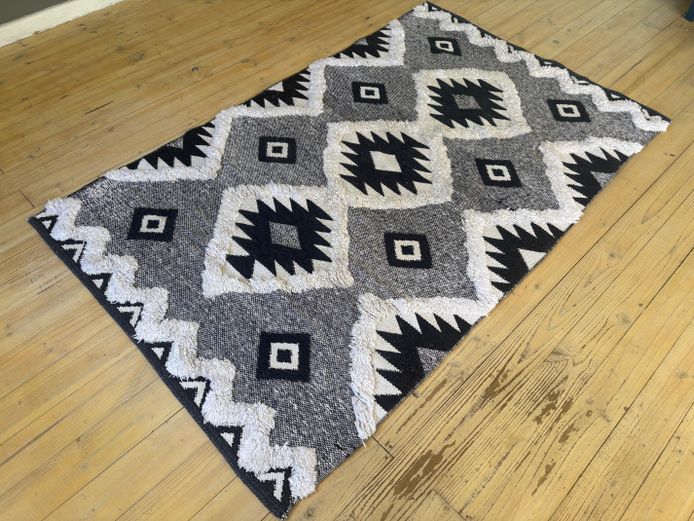 Modern kilim style black, grey and white area rug