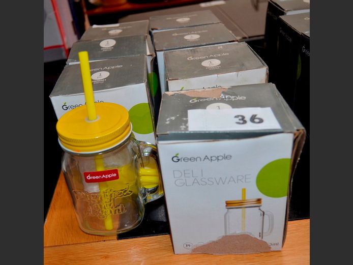 LOT OF 7: GREEN APPLE GLASS JARS WITH STRAWS