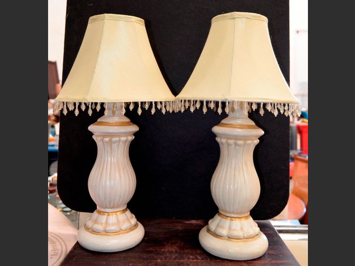 PAIR GREY CERAMIC TABLE LAMPS WITH SHADES, 47cm High